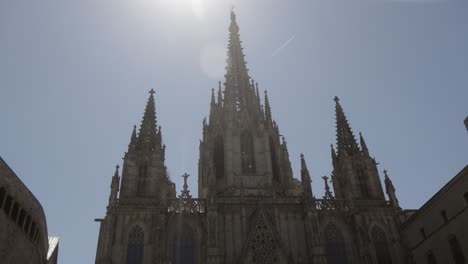 Exterior-frontal-view-of-the-Cathedral-of-the-Holy-Cross-and-Saint-Eulalia-in-Barcelona