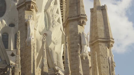 Scenic-architecture-close-up-side-of-the-Sagrada-Familia-Cathedral-in-Barcelona,-Spain