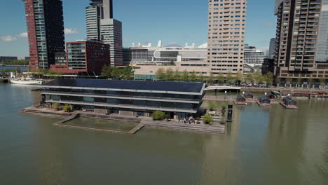 Floating-Office-Building-Next-To-Rijnhaven-Floating-Park-In-Rotterdam,-Netherlands