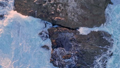 La-Jolla-Cove-Drone-Top-Down-Footage-From-Sunrise-Lit-Rocks-Down-To-the-Ocean-While-Waves-Crash