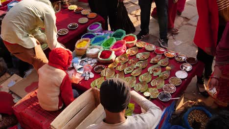 Close-elevated-shot-of-market-stall,-Bhaktapur,-Kathmandu-Valley,-Nepal