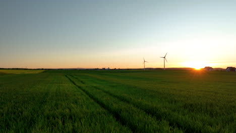 Luftaufnahme-Ausgedehnter-Grüner-Felder-Bei-Sonnenuntergang-Mit-Windturbinen-Am-Horizont