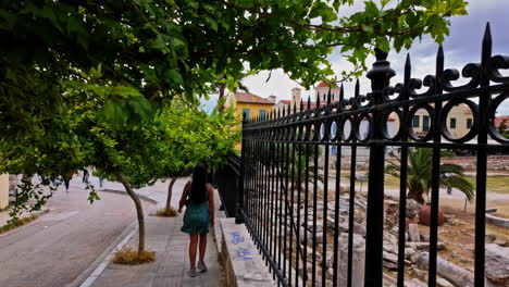 Walking-next-to-the-Roman-Agora-in-Athens,-north-of-the-Acropolis