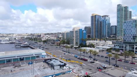 Waterfront-Park-in-downtown-San-Diego,-aerial-drone-view