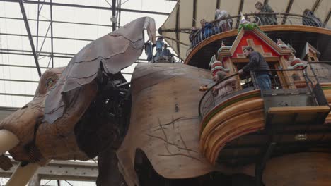 Low-angle-view-of-mechanical-elephant-at-amusement-park-called-machines-of-the-Isle-of-Nantes-in-France