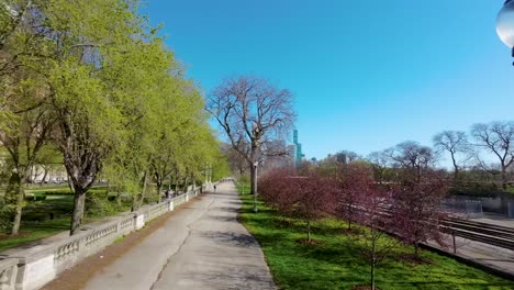 Luftaufnahmen-Einer-Drohne-Von-Einem-Ruhigen-Gehweg,-Der-Sich-Durch-Einen-üppig-Grünen-Park-In-Chicago-Schlängelt,-Gesäumt-Von-Bäumen-Und-Laternenpfählen