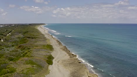 Luftaufnahme-Des-Felsigen-Strandes-Und-Der-Dünen-An-Der-Küste-Floridas