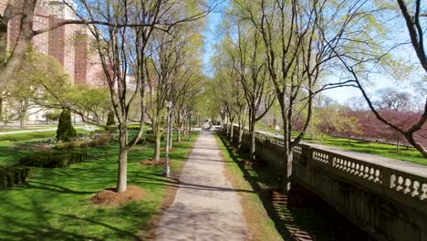 aerial-drone-footage-of-A-tranquil-walkway-meanders-through-a-lush-green-park-in-Chicago-,-flanked-by-b-trees-and-lamp-posts