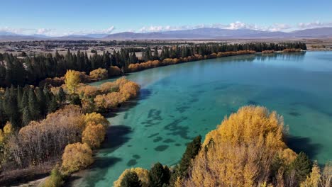 Pristine-Lake-Ruataniwha,-Autumn-in-New-Zealand,-colourful-trees-and-mountain-background