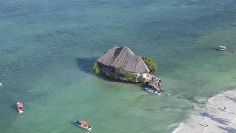 Coastline-Hut-on-Beautiful-Tropical-Island-Coast-of-Zanzibar,-Tanzania,-Aerial