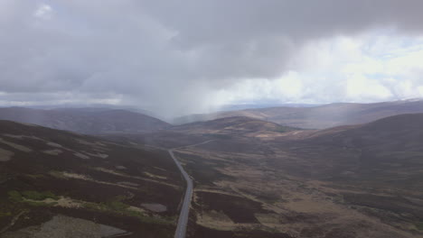 Aerial-flying-over-The-Cairngorms-into-rain,-Scotland