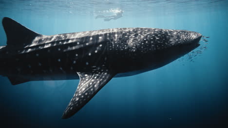 Whale-shark-turns-head-with-school-of-fish-swimming-underwater-in-slow-motion