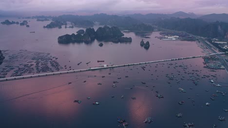 Aerial-view-of-Ha-Long-Bay-at-sunrise,-UNESCO-heritage-Vietnam