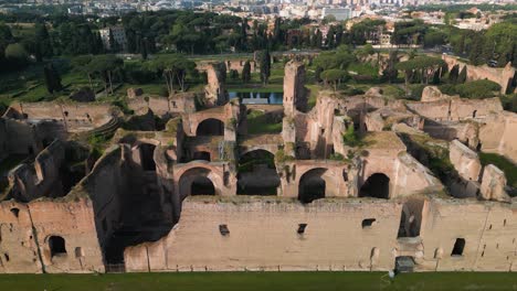 Aerial-View-Above-Baths-of-Caracalla---Famous-Ancient-Ruins-from-Roman-Empire