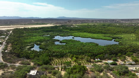 Aerial-View-Circling-The-Mirador-Santiago-De-Yola-Oasis,-In-Sunny-Baja-California-Sur-Mexico