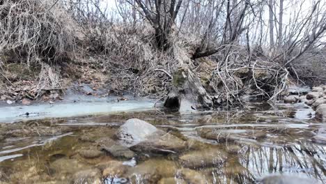 A-stream-in-early-spring-flows-through-stones-in-a-gray-forest