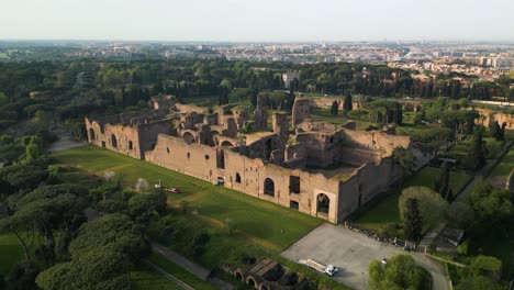 Amazing-Establishing-Drone-Shot-Above-Baths-of-Caracalla-in-Rome,-Italy
