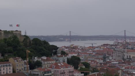 Footage-of-Lisbon-cityscape-with-25-de-April-Bridge-at-background-on-a-cloudy-day-in-Lisbon,-Portugal