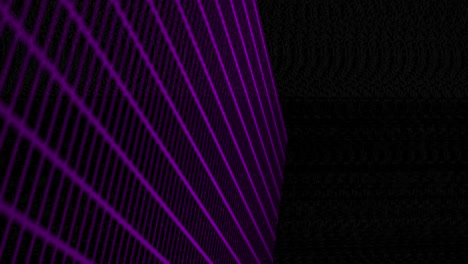 Purple-pink-gradient-grid-mesh-tilts-and-spins-around-on-black-backdrop-in-open-space