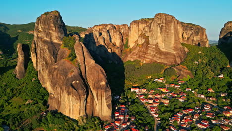 Kalambaka-Village-Near-Meteora-In-Greece---Aerial-Drone-Shot