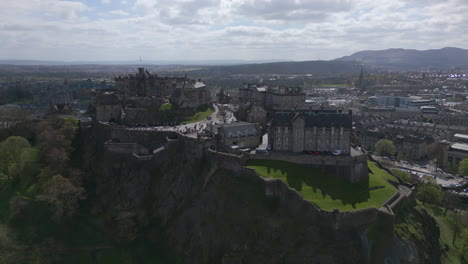 Beautiful-Edinburgh-Castle-in-Scotland-on-a-Sunny-Spring-Day-AERIAL