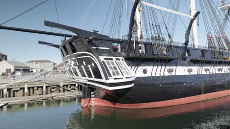 USS-Constitution,-also-known-as-Old-Ironsides,-is-a-three-masted-wooden-hulled-heavy-frigate-of-the-United-States-Navy-in-the-Boston-Harbour-on-a-sunny-day