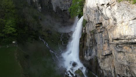 Aerial-Shot-Of-Wonderful-Waterfalls-Flowing-Out-Of-Rocky-Mountain,-Seerenbach-Falls-Amden,-St