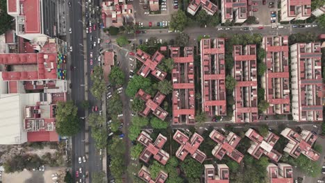 Slow-motion-aerial-view-of-a-housing-complex-in-Coyoacán
