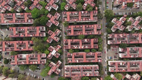 Aerial-perspective-of-a-residential-complex-in-Coyoacan,-highlighting-geometric-architecture-structures