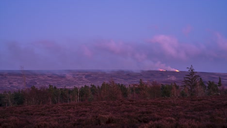 Ein-Zeitraffer-Von-Brennendem-Heidekraut-Im-North-York-Moors-National-Park,-England-In-Der-Abenddämmerung