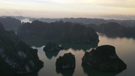 Aerial-view-of-Ha-Long-Bay-at-sunrise,-UNESCO-heritage-Vietnam