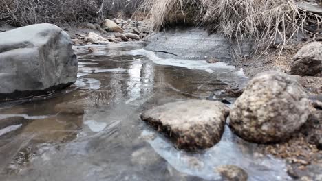 A-frozen-creek-with-rocks-and-ice-in-a-winter-forest,-creating-a-serene-natural-atmosphere