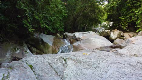 Gentle-stream-flowing-over-rocks-in-lush-Santa-Marta-forest,-Colombia,-serene-natural-scene