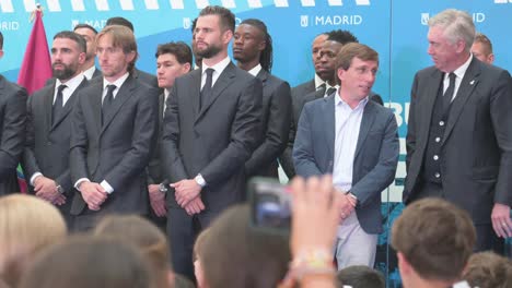 Madrid-Mayor-Jose-Luis-Martinez-Almeida-joins-Real-Madrid's-captain,-Nacho-Fernandez,-and-coach-Carlo-Ancelotti-at-the-reception-celebrating-their-36th-Spanish-soccer-league-title-championship