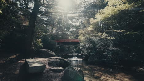 Hiroshima-Prefecture,-Japan---A-Bridge-Over-a-Pond-on-Itsukushima-Island---Static-Shot