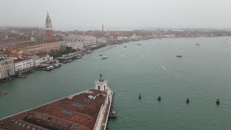 Venice-Italy-busy-port-with-boats-aerial-on-foggy-day