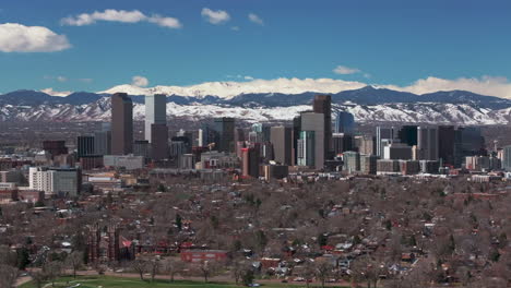 Brunnen-Stadtpark-Innenstadt-Denver-Colorado-Spring-Mount-Blauer-Himmel-Evans-Luftdrohne-Usa-Front-Range-Rocky-Mountains-Vorgebirge-Wolkenkratzer-Gegend-Ferril-See-Tagsüber-Sonnig-Wolken-Kreis-Links-