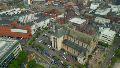 Aerial-shot-of-St-Anne's-Cathedral-in-Belfast's-Cathedral-Quarter-in-Northern-Ireland