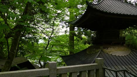 Atemberaubende-Filmische-Zeitlupenlandschaft-An-Der-Pagode-Im-üppigen-Grün-Des-Waldes