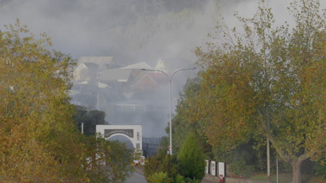 Vapor-Geotérmico-Que-Se-Eleva-Sobre-Las-Casas-Y-Entre-Los-árboles-En-Rotorua,-Nueva-Zelanda