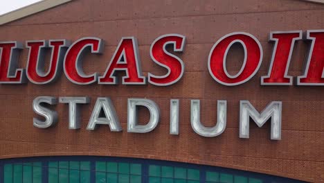 Indianapolis-Lucas-oil-stadium-aerial-view-establishing-branding-front-sport-arena-exterior