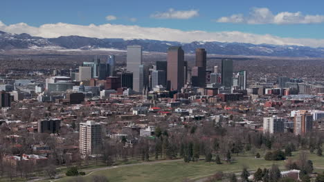 Lavar-Parque-Centro-Denver-Colorado-Aéreo-Drone-Barrio-Calles-Primavera-Monte-Cielo-Azul-Evans-Rango-Frontal-Montañas-Rocosas-Estribaciones-Rascacielos-Ferril-Lago-Durante-El-Día-Soleado-Nubes-Hacia-Arriba