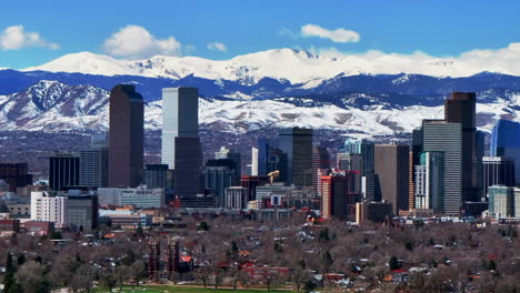 Spring-Downtown-Denver-Colorado-City-Park-Mount-Blue-Sky-Evans-Aerial-drone-USA-Front-Range-Rocky-Mountains-toothills-skyscrapers-landscape-Ferril-Lake-daytime-sunny-clouds-neighborhood-upward-jib