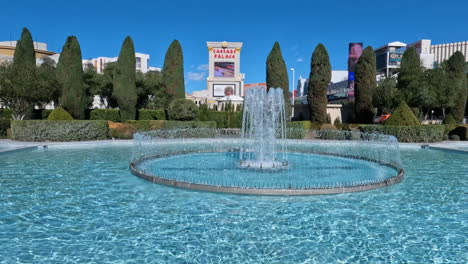 Las-Vegas-USA,-Caesars-Palace-Fountains-on-Hot-Sunny-Day,-Panorama