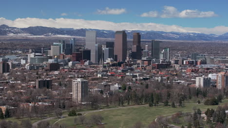 Downtown-Denver-Colorado-City-Park-Flat-Irons-Boulder-Aerial-drone-USA-Front-Range-Mountain-foothills-landscape-skyscrapers-Wash-Park-Ferril-Lake-daytime-sunny-clouds-neighborhood-right-motion