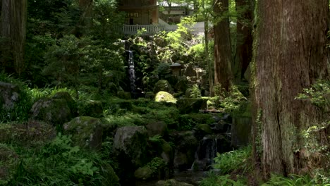 Beautiful-slow-motion-tilt-up-over-waterfall-inside-green-Japanese-forest