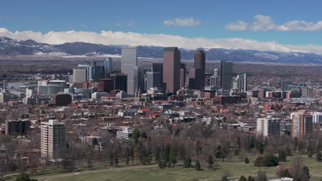 Downtown-Denver-Colorado-City-Park-Flat-Irons-Boulder-Aerial-drone-USA-Front-Range-Mountain-foothills-landscape-skyscrapers-Wash-Park-Ferril-Lake-daytime-sunny-clouds-neighborhood-upward-up-motion