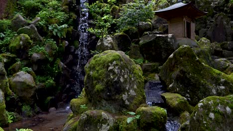 Cinematic-slow-motion-tilt-up-over-beautiful-scenery-at-Japanese-shrine-in-lush-forest
