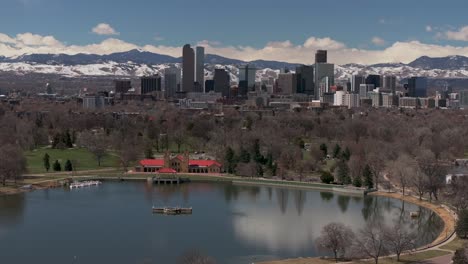 City-Park-Pavilion-Downtown-Denver-Colorado-aerial-drone-Ferril-Lake-neighborhood-streets-Spring-Mount-Blue-Sky-Evans-Front-Range-Rocky-Mountains-foothills-skyscrapers-daytime-sunny-clouds-circle-left