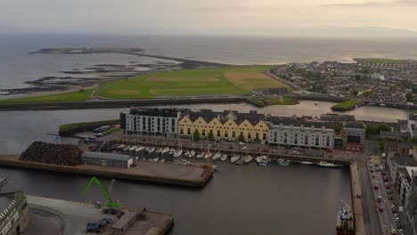 Galway-Docks,-Claddagh,-Nimmo's-Pier,-Mutton-Island:-Aerial-Orbit